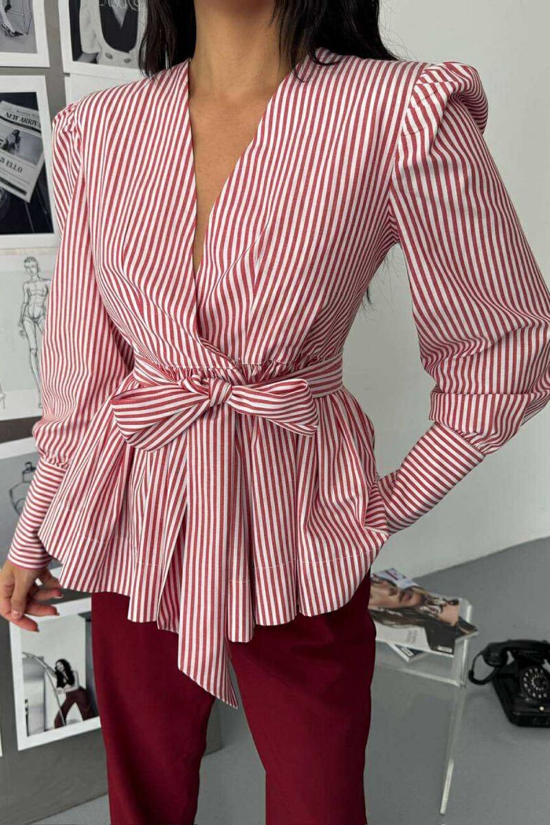 STRIPE DESIGN V NECK LACING WOMEN SHIRT RED/E KUQE - 1
