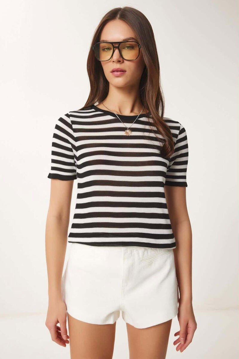 STRIPE DESIGN WOMAN T-SHIRT BLACK/ E ZEZE - 1