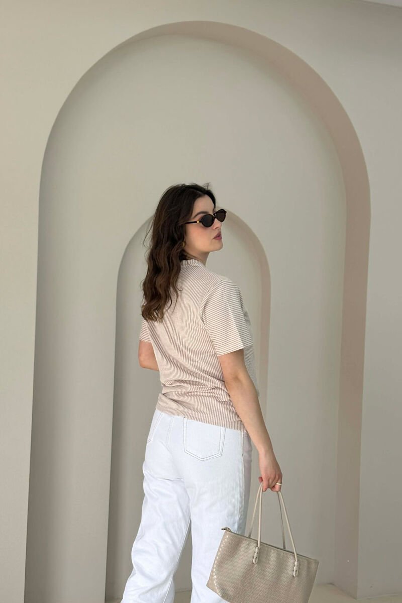 STRIPE DESIGN WOMAN T- SHIRT + 6 PAIR SOCKS BEIGE/BEZHE - 4