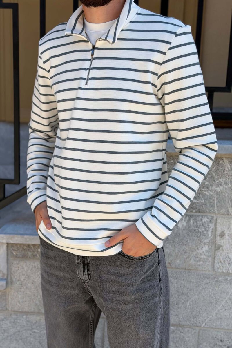 STRIPE DESIGN ZIPPER NECK MEN SWEATSHIRT WHITE/GREY-BAGR - 4