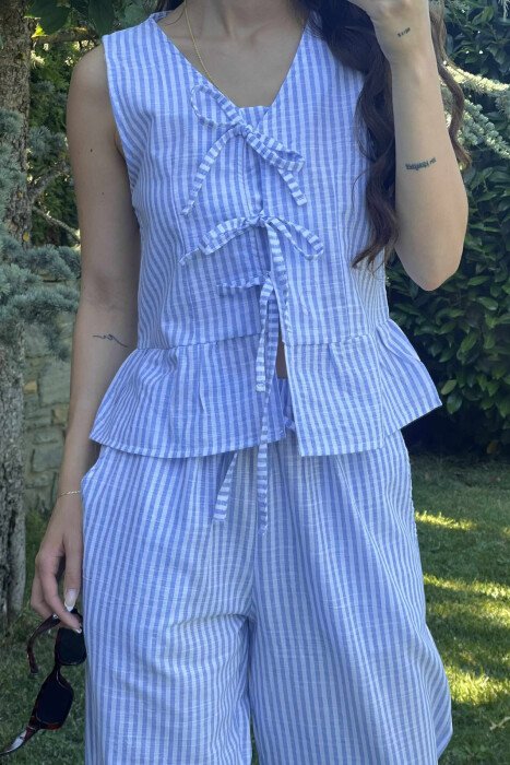 STRIPE LACING TANK TOP+TROUSERS WOMEN SET LIGHTBLUE/BZ - 3