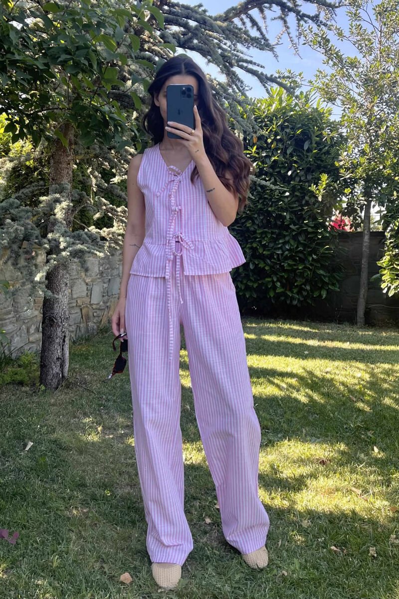 STRIPE LACING TANK TOP+TROUSERS WOMEN SET PINK/ROZE - 1