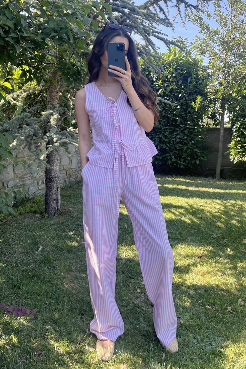 STRIPE LACING TANK TOP+TROUSERS WOMEN SET PINK/ROZE - 2