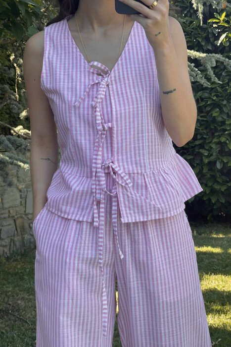 STRIPE LACING TANK TOP+TROUSERS WOMEN SET PINK/ROZE - 3