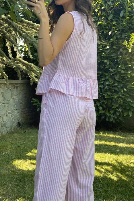 STRIPE LACING TANK TOP+TROUSERS WOMEN SET PINK/ROZE - 5