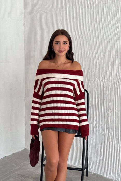 BLUZË ME VIJA PËR FEMRA NË NGJYRËN VISHNJË - KLAUDIO FASHION