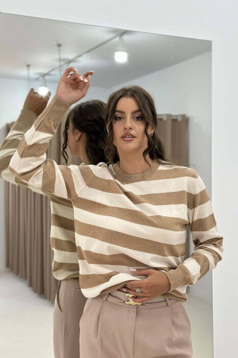 STRIPE ROUND NECK WOMEN SWEATSHIRT BEIGE/BEZHE - KLAUDIO FASHION
