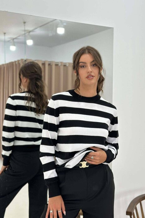 STRIPE ROUND NECK WOMEN SWEATSHIRT BLACK-WHITE/ZEBA - KLAUDIO FASHION