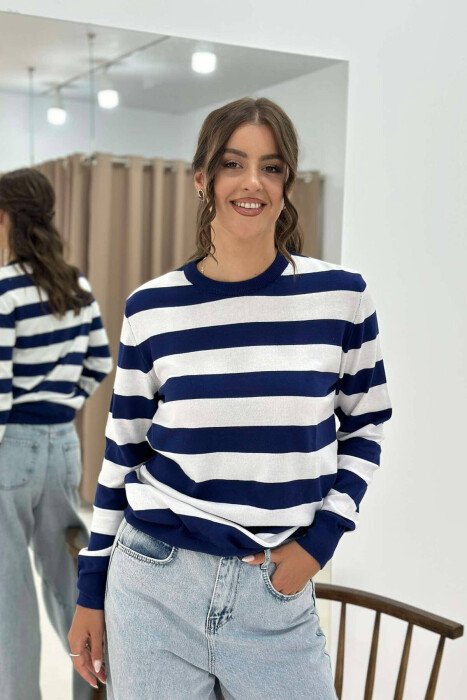 STRIPE ROUND NECK WOMEN SWEATSHIRT BLUE-WHITE/BLBA - KLAUDIO FASHION