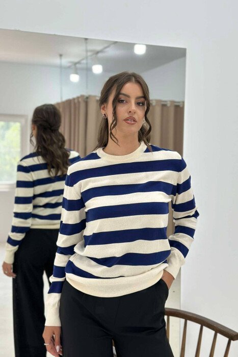 STRIPE ROUND NECK WOMEN SWEATSHIRT BLUE/BLU - KLAUDIO FASHION