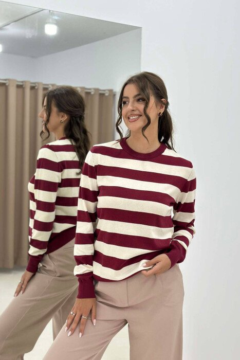 STRIPE ROUND NECK WOMEN SWEATSHIRT BURGUNDY/VISHNJE - KLAUDIO FASHION