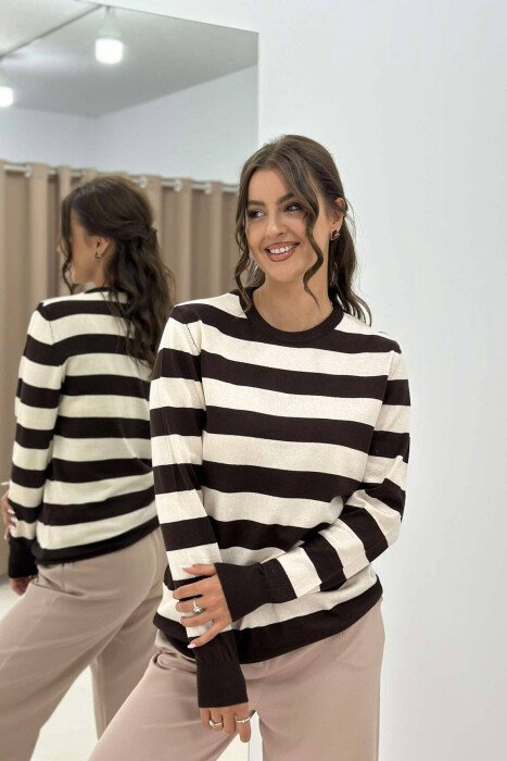 STRIPE ROUND NECK WOMEN SWEATSHIRT DARK BROWN/KAE - KLAUDIO FASHION