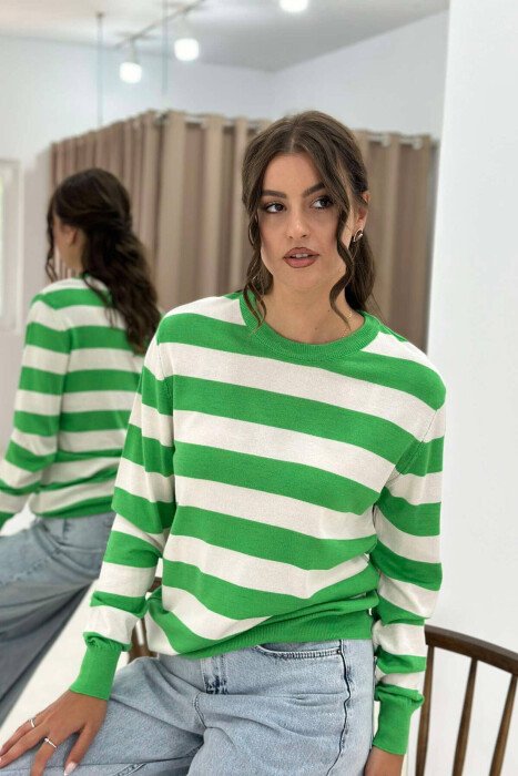 STRIPE ROUND NECK WOMEN SWEATSHIRT GREEN/JESHILE - KLAUDIO FASHION