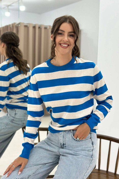STRIPE ROUND NECK WOMEN SWEATSHIRT LIGHTBLUE/BZ - KLAUDIO FASHION
