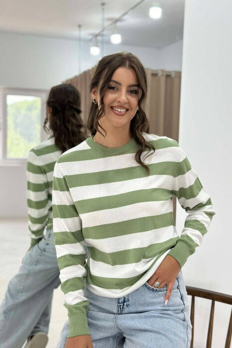 STRIPE ROUND NECK WOMEN SWEATSHIRT MINT/MENTE - KLAUDIO FASHION