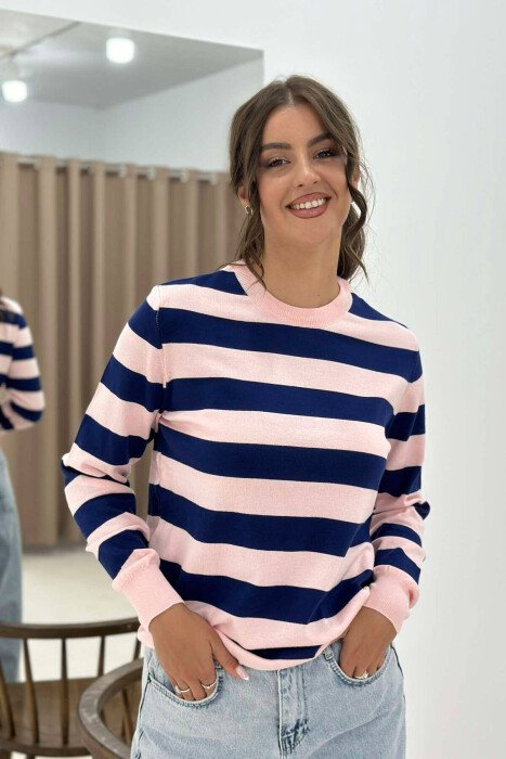 STRIPE ROUND NECK WOMEN SWEATSHIRT PINK/ROZE - KLAUDIO FASHION