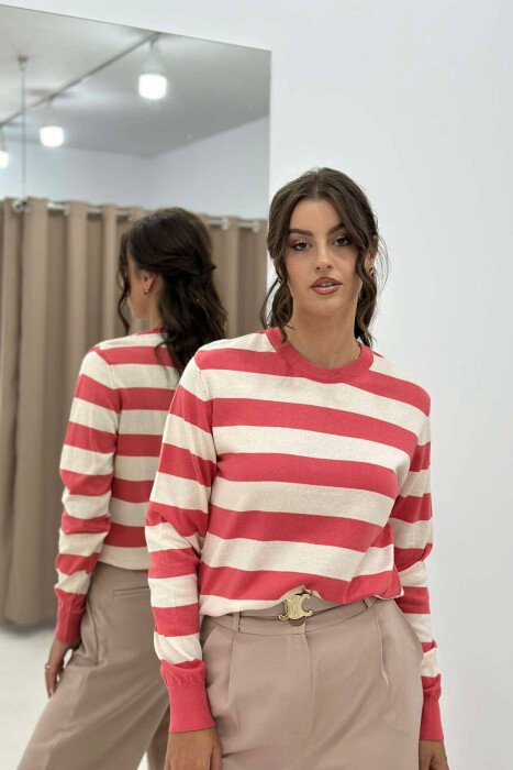 STRIPE ROUND NECK WOMEN SWEATSHIRT SALMON/SALMON - KLAUDIO FASHION