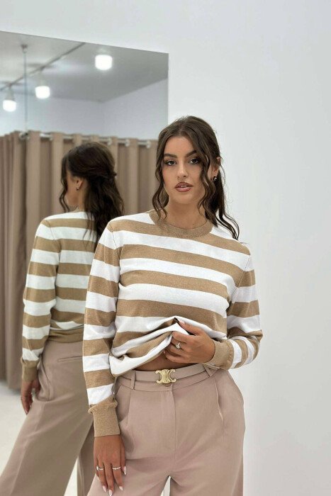 STRIPE ROUND NECK WOMEN SWEATSHIRT WHITE-BEIGE/BABZH - KLAUDIO FASHION