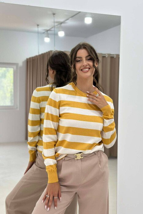 STRIPE ROUND NECK WOMEN SWEATSHIRT YELLOW/E VERDHE - KLAUDIO FASHION