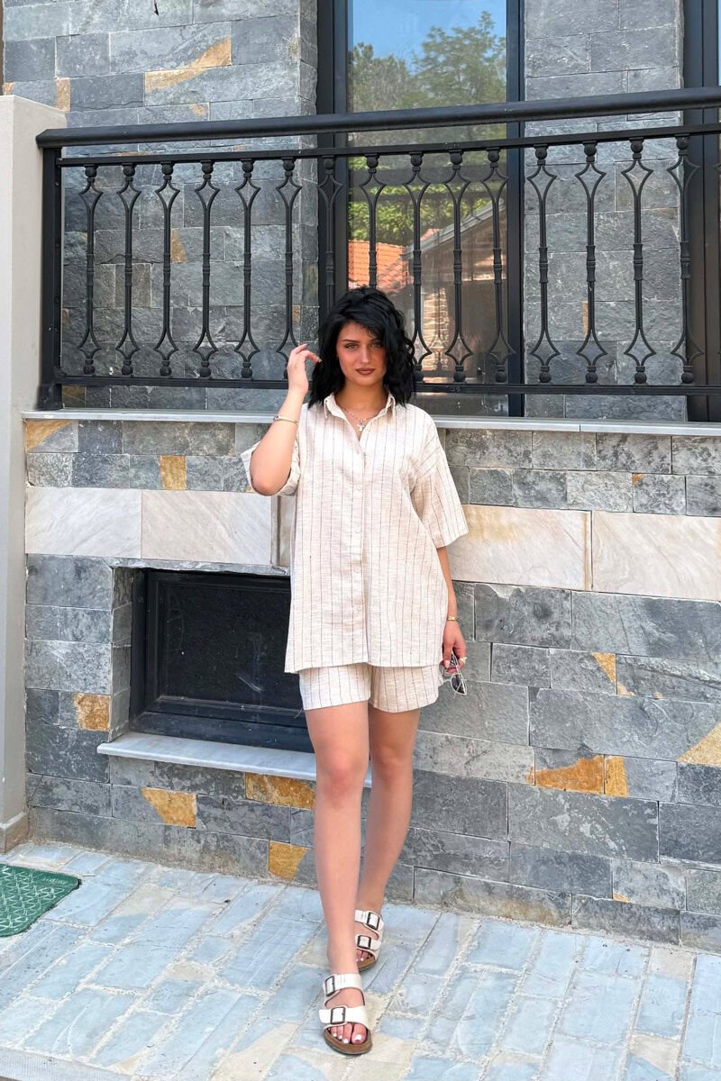 STRIPE SHIRT+SHORTS WOMEN SET BEIGE/BEZHE - 1