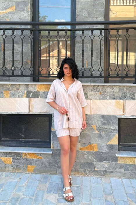 STRIPE SHIRT+SHORTS WOMEN SET DARK BEIGE/BEZHE ERRET 