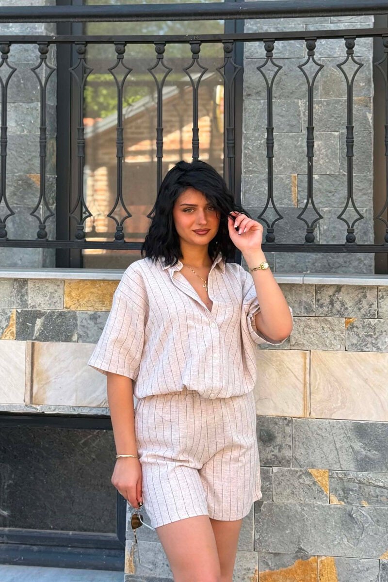 STRIPE SHIRT+SHORTS WOMEN SET DARK BEIGE/BEZHE ERRET - 2