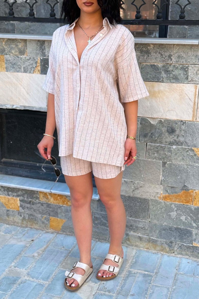 STRIPE SHIRT+SHORTS WOMEN SET DARK BEIGE/BEZHE ERRET - 3