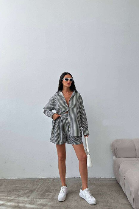 STRIPE SHORTS+SHIRT WOMEN SET GREY/GRI - KLAUDIO FASHION