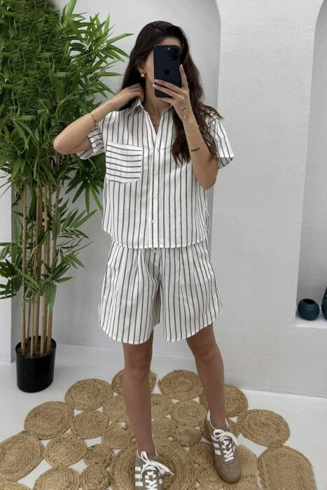 STRIPE SHORTS+SHIRT WOMEN SET WHITE-BLACK/BAZE - KLAUDIO FASHION