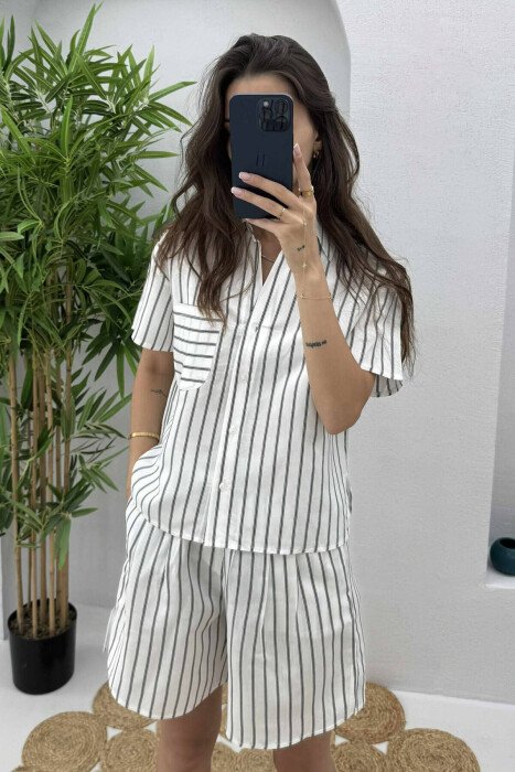 STRIPE SHORTS+SHIRT WOMEN SET WHITE-BLACK/BAZE - 2