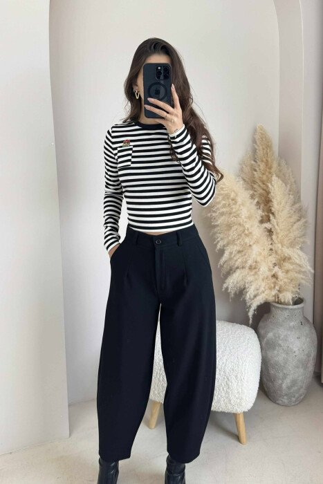 STRIPE SMALL POCKET DETAIL WOMEN SWEATSHIRT BLACK-WHITE/ZB - 2