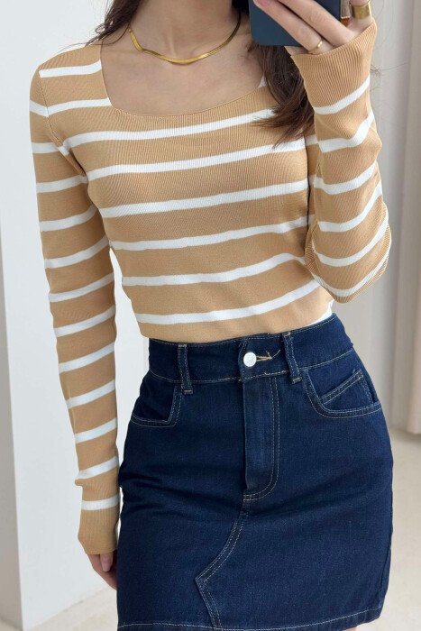 STRIPE SQUARE NECK WOMEN SWEATER BEIGE/BEZHE - 2