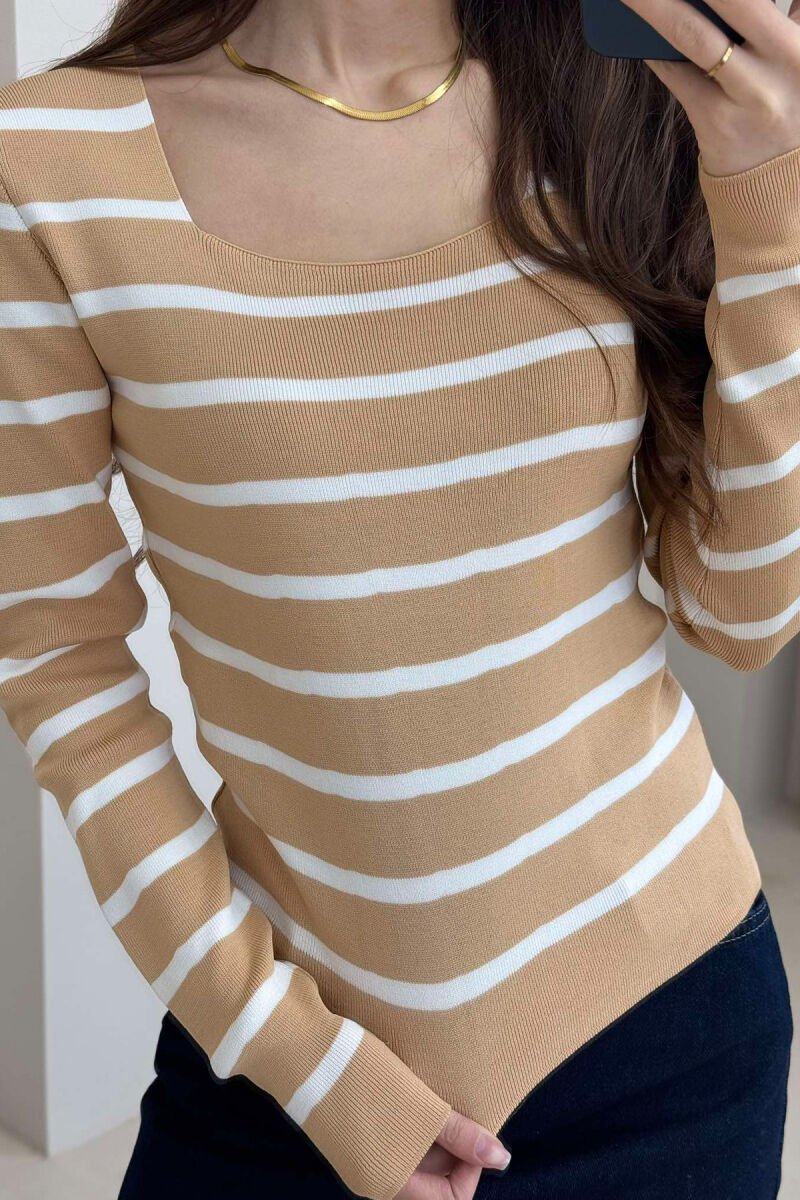 STRIPE SQUARE NECK WOMEN SWEATER BEIGE/BEZHE - 4