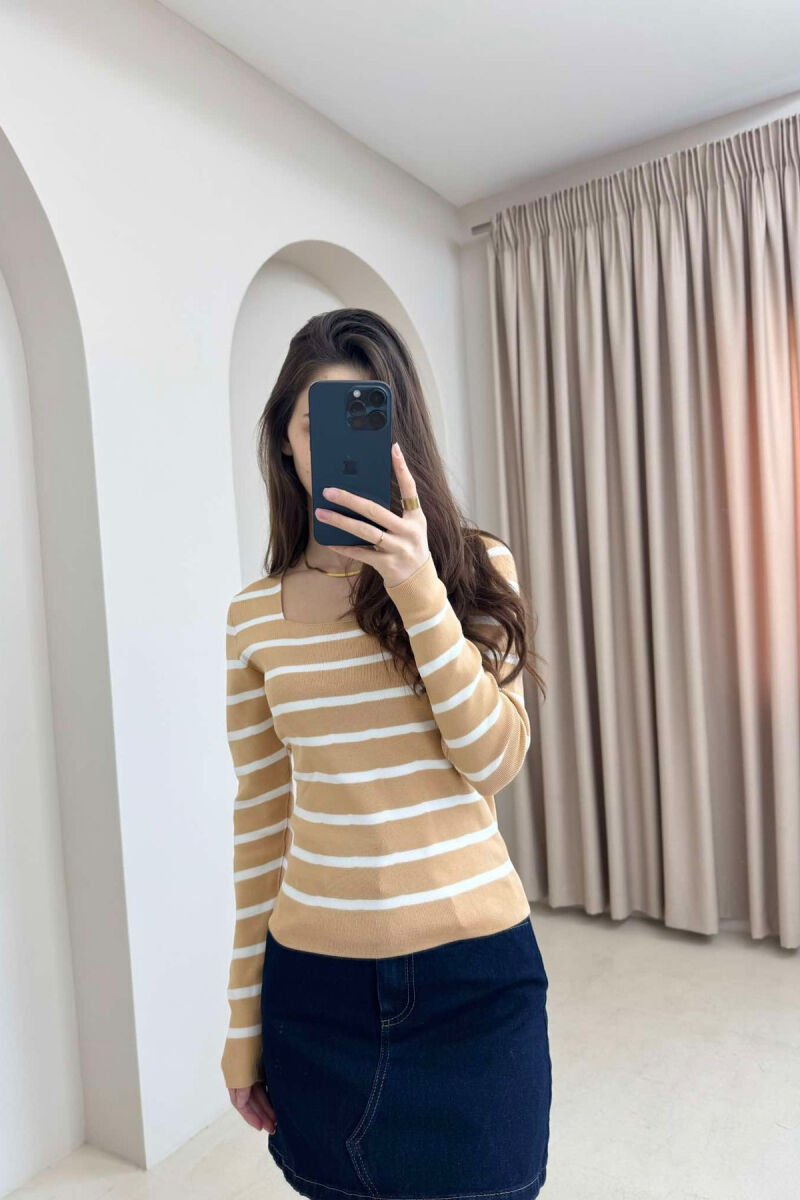 STRIPE SQUARE NECK WOMEN SWEATER BEIGE/BEZHE - 5