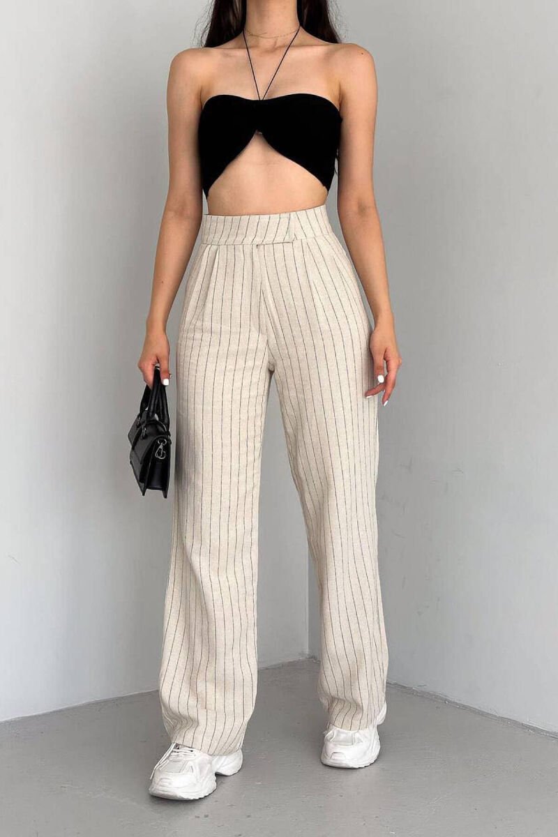 STRIPE WOMEN TROUSERS CREAM/KREM - 1