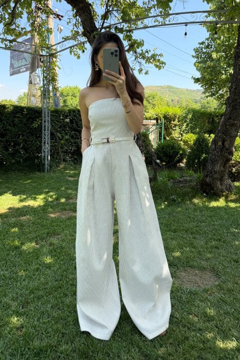 STRIPED BELT DETAIL STRAPLESS WOMEN JUMPSUIT BEIGE/BEZHE - 1