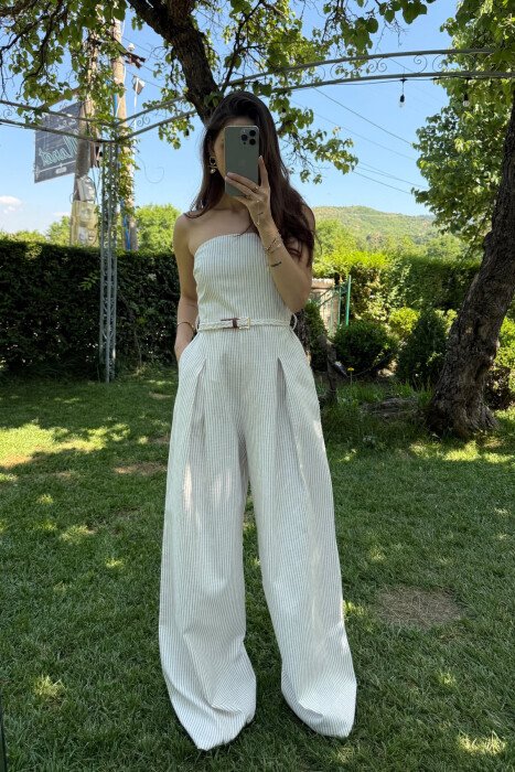 STRIPED BELT DETAIL STRAPLESS WOMEN JUMPSUIT BEIGE/BEZHE - 2