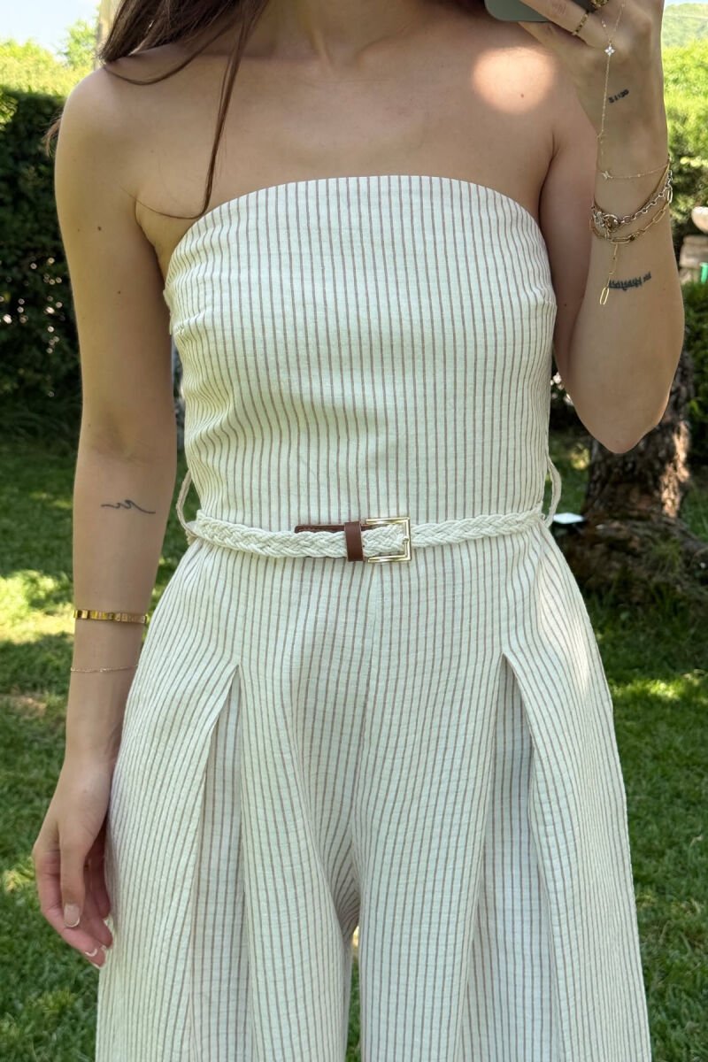 STRIPED BELT DETAIL STRAPLESS WOMEN JUMPSUIT BEIGE/BEZHE - 4