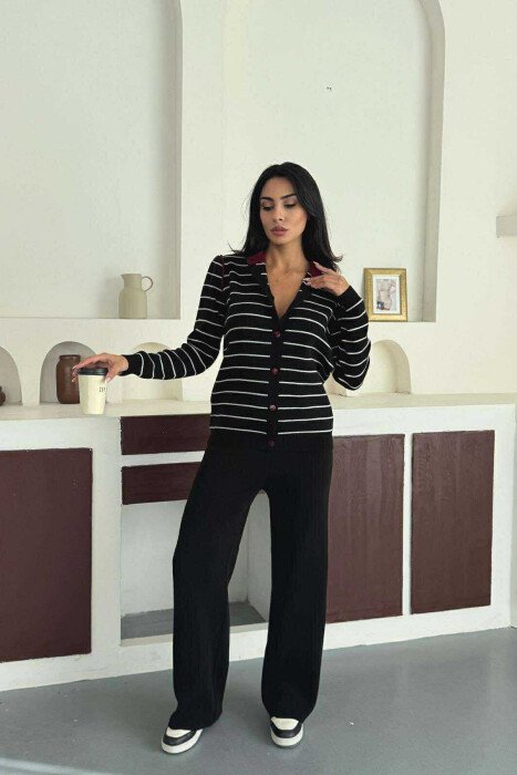 STRIPED CARDIGAN+TROUSERS SIMPLE WOMEN SET BLACK-BURGUNDY/ZEVI - 1