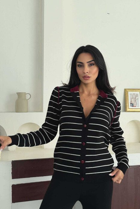 STRIPED CARDIGAN+TROUSERS SIMPLE WOMEN SET BLACK-BURGUNDY/ZEVI - 5