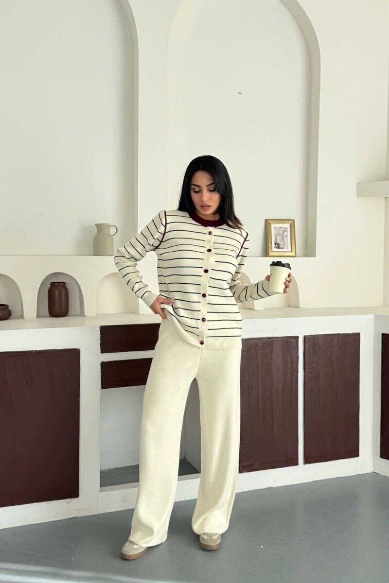 STRIPED CARDIGAN+TROUSERS SIMPLE WOMEN SET CREAM-BURGUNDY/KRVI - 1