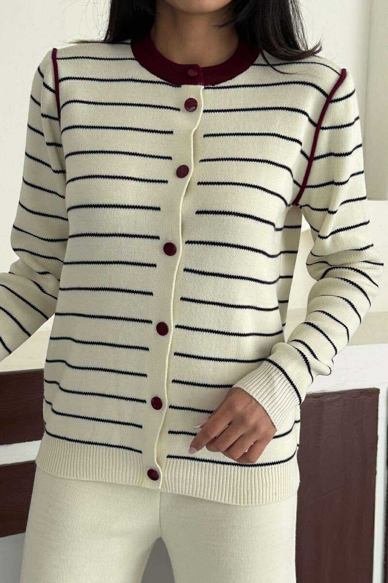 STRIPED CARDIGAN+TROUSERS SIMPLE WOMEN SET CREAM-BURGUNDY/KRVI - 2