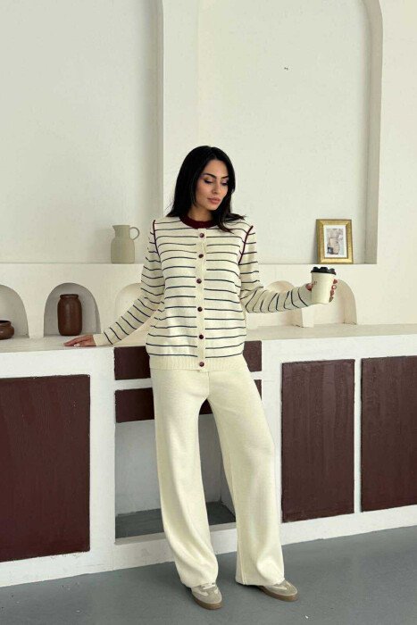 STRIPED CARDIGAN+TROUSERS SIMPLE WOMEN SET CREAM-BURGUNDY/KRVI - 3