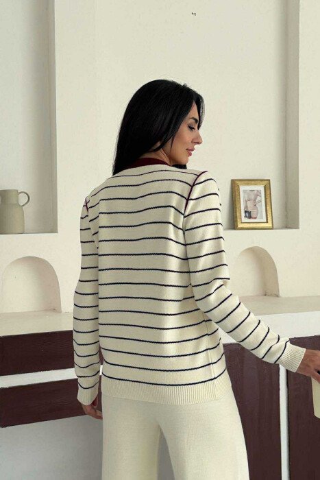 STRIPED CARDIGAN+TROUSERS SIMPLE WOMEN SET CREAM-BURGUNDY/KRVI - 4