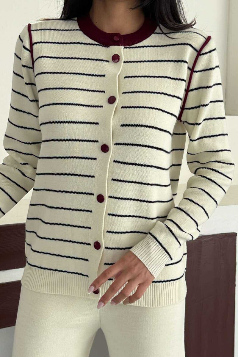 STRIPED CARDIGAN+TROUSERS SIMPLE WOMEN SET CREAM-BURGUNDY/KRVI - 5
