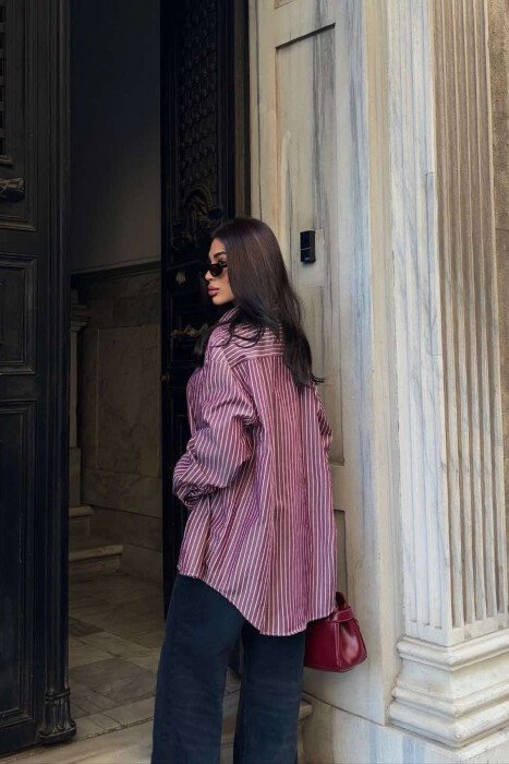 STRIPED DESIGN DETAIL WOMEN SHIRT BURGUNDY/VISHNJE - 4