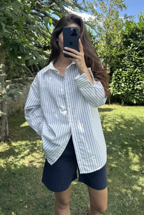 STRIPED DESIGN LONG SLEEVE WOMEN SHIRT WHITE-BLUE/BABL - 1