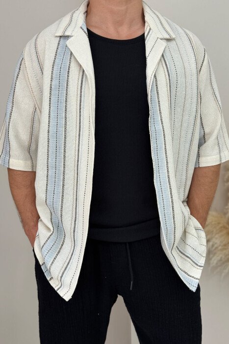 STRIPED DESIGN MEN SHIRT CREAM-LIGHTBLUE/KRBZ - KLAUDIO FASHION