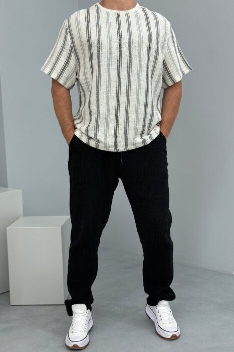 STRIPED DESIGN MEN T-SHIRT BLACK-CREAM/ZEKR - KLAUDIO FASHION