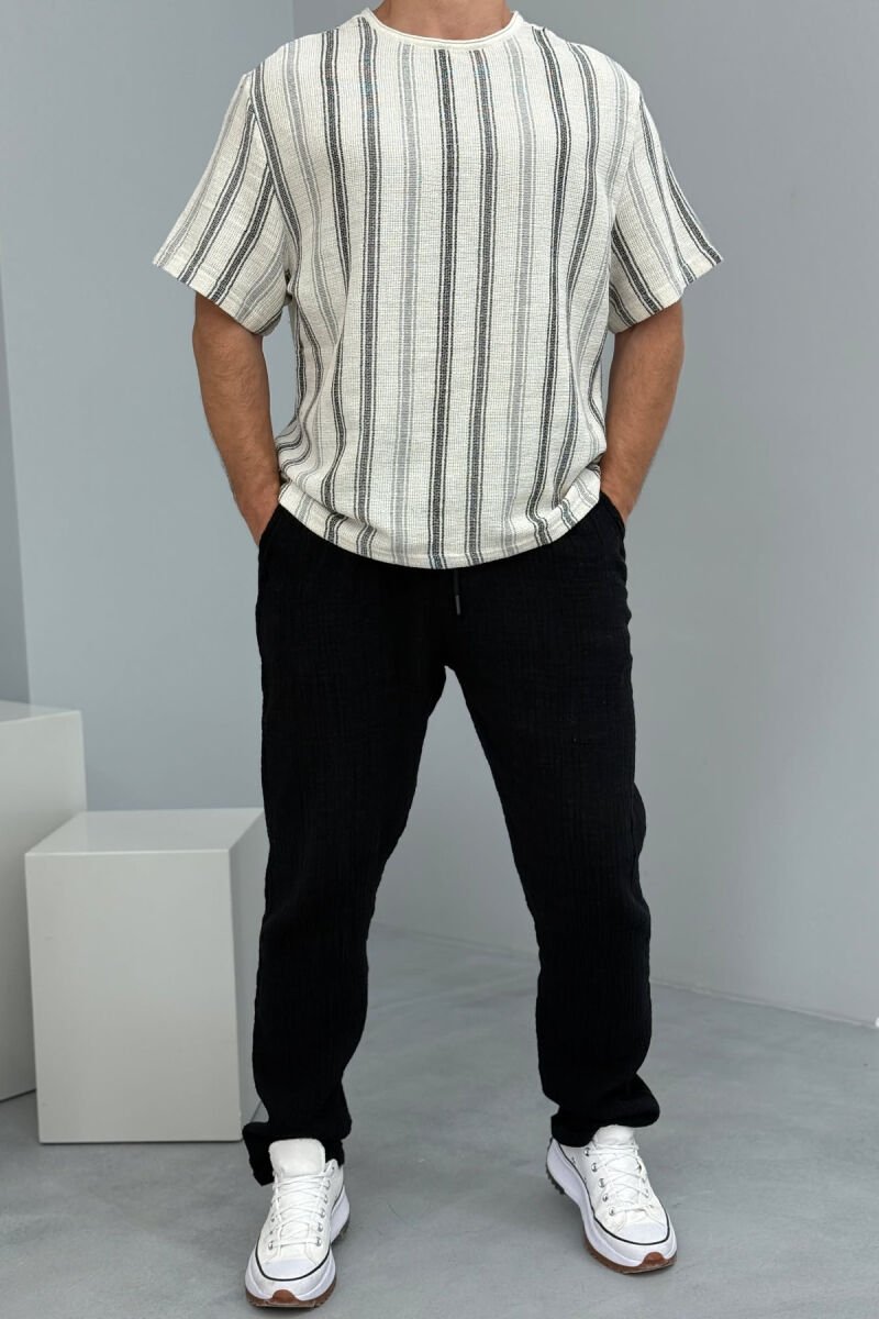 STRIPED DESIGN MEN T-SHIRT BLACK-CREAM/ZEKR - 1